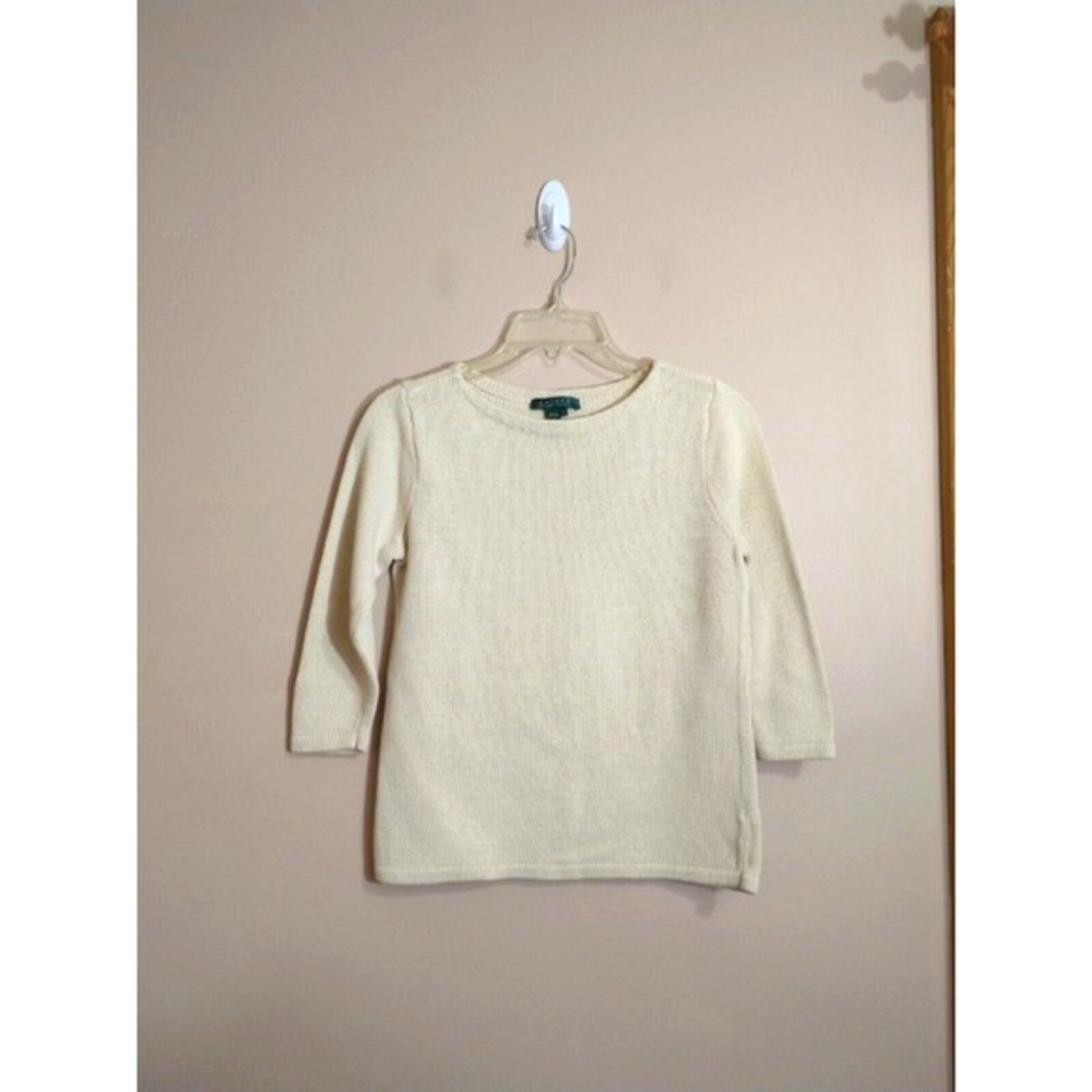 VTG Lauren Ralph Lauren Womens Sweater Size S Ivory Mercerized Cotton Lagenlook